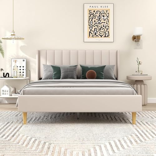 Image of Low Profile Upholstered Platform Bed with Winback Headboard | Bed King Size | Bed Without Storage | Upholstered Beds King Size | Mattress not Included | Finish Color:- Beige