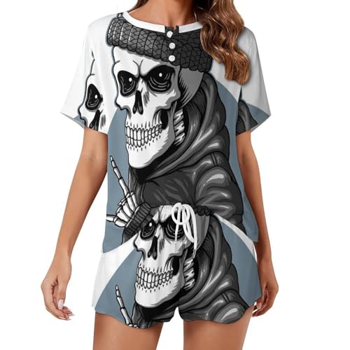 Pyjama tête de mort funky pour femme avec ensemble short et t-shirt manches courtes d'été