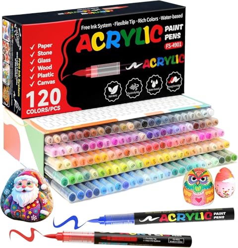 Image of Wafeeq Acrylic Paint Pens Set, Colors Acrylic Brush Markers, 1-5mm Medium Tip, Water-Based & Non-Toxic, Permanent on Rock, Wood, Canvas, Glass, Ceramic & Paper (120)