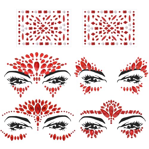 Erythem Face Gems for Women 6 Sheets Red Face Jewels Stick On Self Adhesive Rhinestones Stickers for Halloween Makeup Music Festival Rave Party