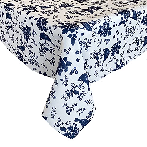 Lintex Summer Blue Bird Floral Toile Indoor/Outdoor Fabric Tablecloth - Garden Grove Toile Stain Resistant Tablecloth, 70” Round #TOP28