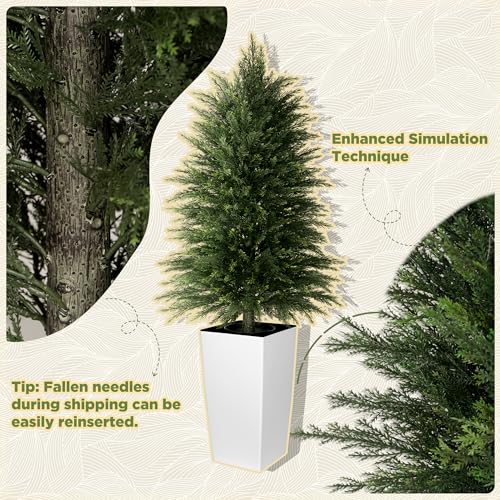 4FT Tall 2 Pack Artificial Cedar Topiary Trees with Full Bushy Columnar Shape, Realistic Faux Cypress in Square White Pot with Fillable Water Bag, Outdoor Evergreen for Front Porch Garden Home Decor — view 3