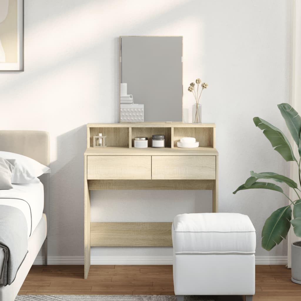 Schminktisch mit Spiegel Sonoma-Eiche Holzwerkstoff 80x41x144,5 cm mit 2 Schubladen und 3 Fächern Stauraum für Schlafzimmer und Ankleidezimmer Makeup und Pflege