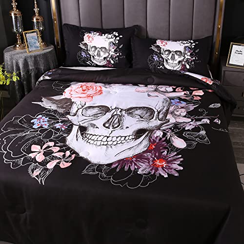 Mrbay Floral Skull Comforter Sets Skull Bedding Set 3D Digital Print Skeleton Floral Skull 3 Pieces Bedding Sets With 1 Comforter 2 Pillowcase(Queen, Multicolor) #TOP1