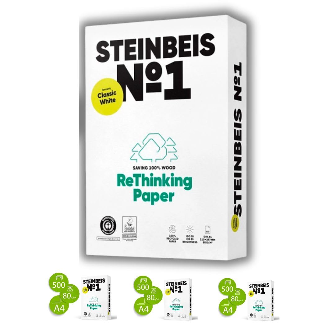 Papel Reciclado 100% Steinbeis Nº1 - DIN A4, 80g/m², Paquete de 2500 Hojas Ecológicas (Caja de 5 paquetes de 500 hojas) para Impresoras y Fotocopiadoras