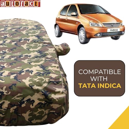 Image of Autofact 100% Waterproof Car Body Cover Compatible with Tata Indica (1999 to 2001), with Mirror Pockets, 4 x 4 American Matty, Long Lasting Strong Durable Material, Camouflage Army Look