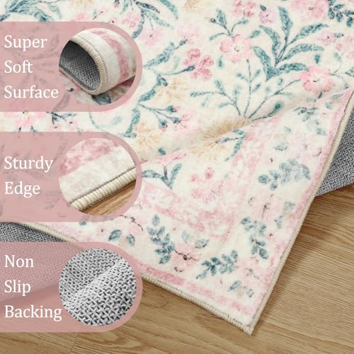 Morebes 5X7 Rug For Living Room Non Slip, Washable Light Pink Rugs For Bedroom Girls, Soft Low-Pile Boho Nursery Rug Indoor Floral Print Throw Carpet For Bedside,Pink&Green/Multi thumb #2