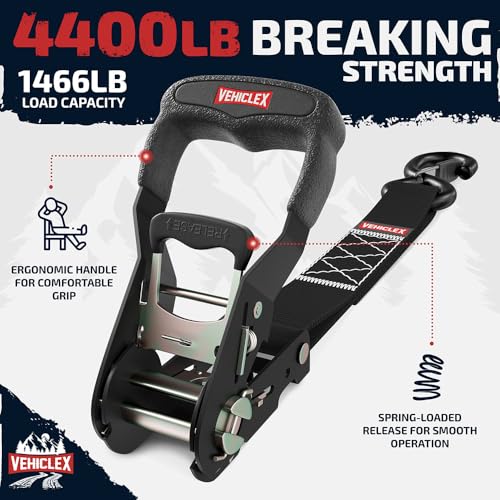 Image of Vehiclex 1.5 inch x 8' Motorcycle Ratchet Tie Down Straps, 4 Pack, Black | 4,400 lbs Break Strength, Full Bend S Hooks with Safety Clips, Soft Loops, for Powersports