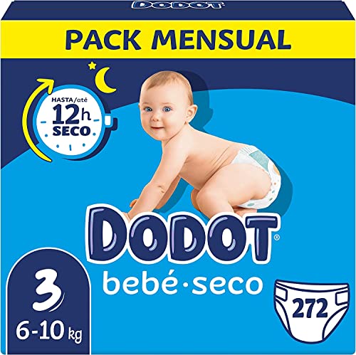 Dodot Pañales Bebé-Seco Talla 3 (6-10 kg), Pañales con Protección Antifugas, Pack Mensual, 34 Unidades ( Paquete de 8)