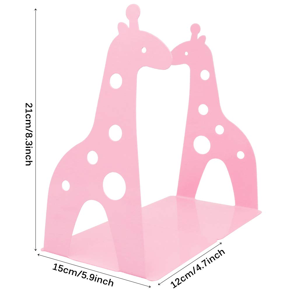 Lovely Giraffe Pattern Bookends Metal Book Ends Book Holder for Desk Organizer School Library Desk Study Home Office Decoration Kids Gift (Pink) - Image 4