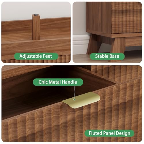Image of Xixini Fluted Dresser for Bedroom with 6 Drawers, 48 inch Wide Modern Chest of Drawers with Metal Handle, Wooden Dresser TV Stand, Wood Closet Clothes Storage Organizer for Living Room, Hallway, Walnut