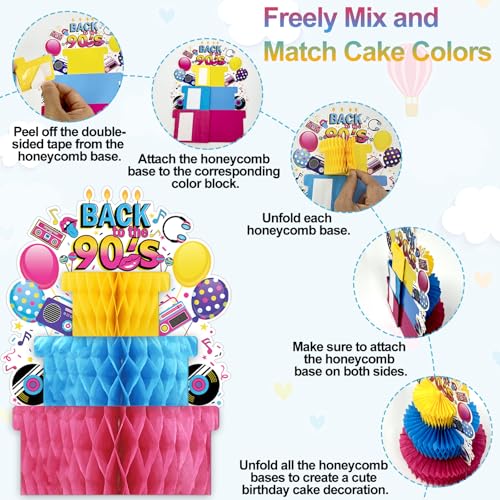 3 Pieces 90s Birthday Party Decorations - Retro Honeycomb Centerpieces, Back to the 90s Table Decoration, Colorful Cake for Themed Nostalgic Party