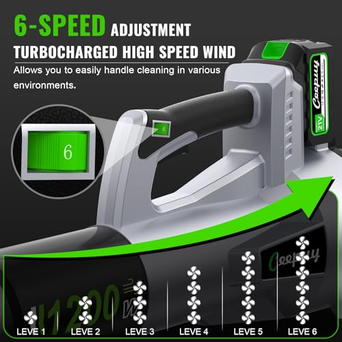 Image of CEEPUY Brushless Cordless Leaf Blower, 735CFM Electric Leaf Blower with 2x6.0Ah Batteries & Fast Charger, 6 Speed Levels, Lightweight Battery Leaf Blower for Lawn Care, Yard, Garden, Patio - Dark gray