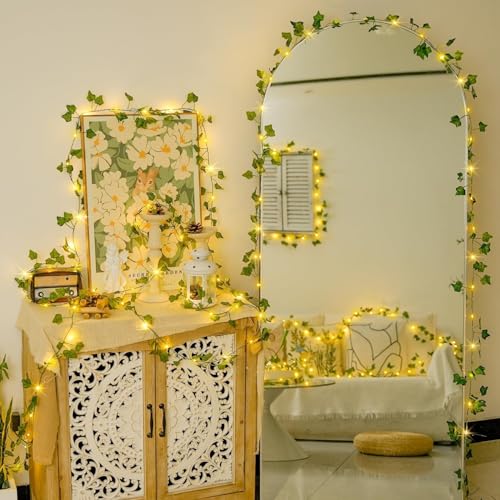 Image of MoonlitDreams 7ft Artificial Money Plant Vine with 30 Warm White LED Lights, Battery Operated Copper Wire String, Decorative Hanging Creeper for Bedroom, Wall, Balcony & Home Decor