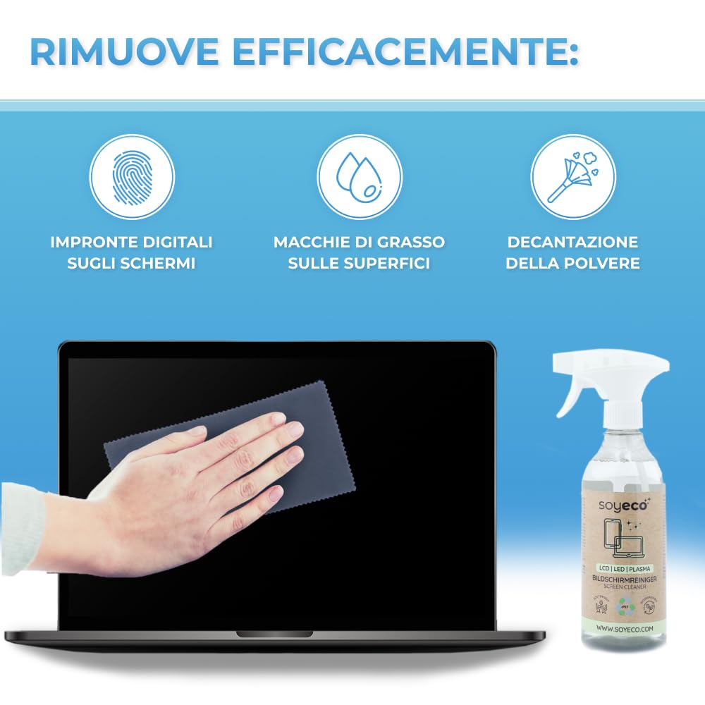 500 ml di Spray per la pulizia dello schermo + 3 panni in microfibra | Fluido per la pulizia | Per smartphone, laptop, tablet, TV, LCD/TFT, LED, OLED, monitor, orologi | Senza sbavature