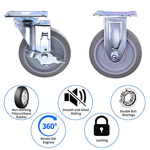 Dgq 5" Caster Wheels Heavy Duty Premium Commercial Grade Non-Marking Set Of 4 (2 Rigid, 2 Swivel With Brakes) #TOP2