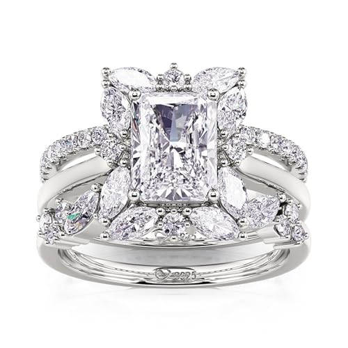 Jeulia 3 PC Interchangeable Engagement Ring Set for Women; 925 Sterling Silver Radiant Cut 2.45CT Floral Halo Wedding Ring Set Diamond CZ Bridal Set Anniversary Christmas Gift with Jewelry Box