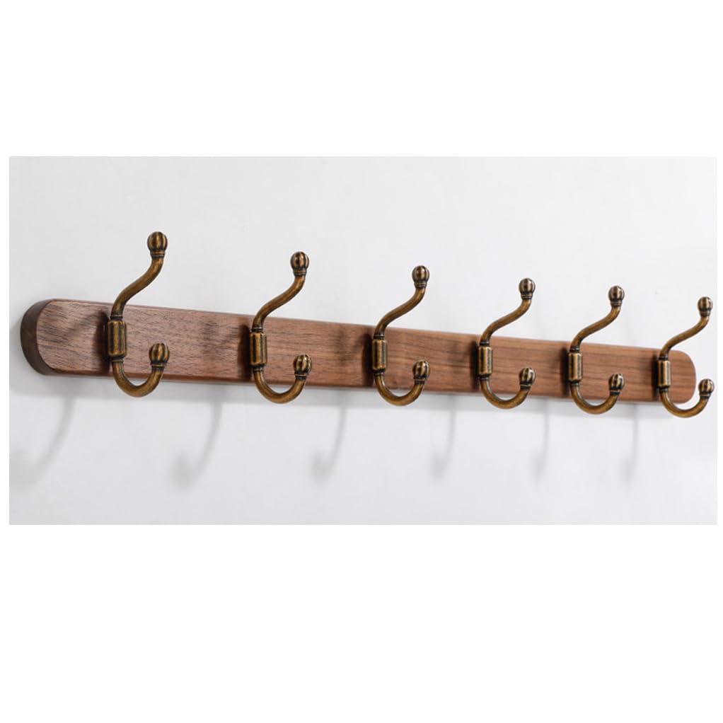 QPKZ Walnut Wood Coat Rack Wall Mount, Metal Woodden Wall Hooks Entryway Hanging Rack Coat Hooks Rail Clothes Towel Racks for Coat, Bag, Towel, Key, Hat, Umbrella 6hook