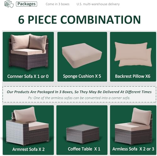 Image of 6 PCS Outdoor Patio Furniture Set,Outdoor Sectional Furniture All Weather PE Rattan Wicker Patio Conversation Set with Coffee Table and 5 Thickened Cushions,Sand