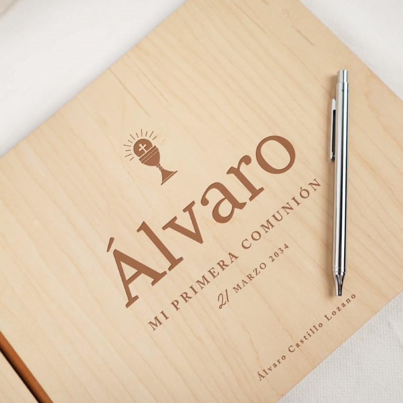 Libro de Invitados Comunión Personalizado | Libro de visitas Comunion de Madera Personalizado | Álbum de Firmas para Primera Comunión | Álbum de Fotos Scrapbook de Madera Cross