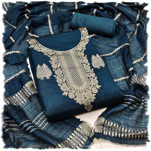 Image of Sidhidata Women's Dyable Banarasi Jacquard Unstitched Salwar Suit Dress Material With Mini Sequence Work Dupatta (DM Ikka Free Size)