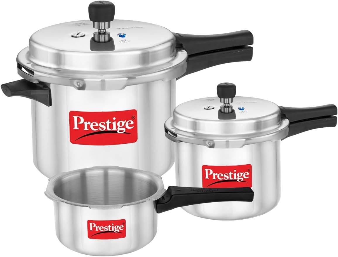2 Litre + 3 Litre + 5 Litre Aluminium Popular Max Outer Lid Pressure Cooker Combo with 2 Lids | Gas & Induction Compatible | Visual Pressure Indicator | Gasket Release Sys | 5Y Warranty | ISI
