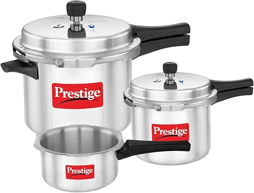 Prestige 2 Litre + 3 Litre + 5 Litre Aluminium Popular Max Outer Lid Pressure Cooker Combo with 2 Lids | Gas & Induction Compatible | Visual…