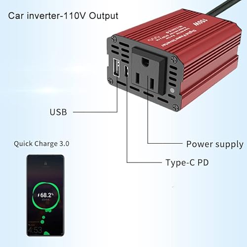 150W Power Inverter With Add A Pd Type-C .Aluminum Alloy Body, Smart Cooling Fan, Full Protection With Short Circuit, Over-Load, Over-Temperature, And More, Ul Listed, Red #TOP2