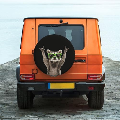 Image of Spare Tire Cover with Funny Green Glasses Raccoon Pattern Wheel Protectors Weatherproof Wheel Covers Universal Fit for SUV Truck Rv Travel Camper Trailers Accessories 17inch