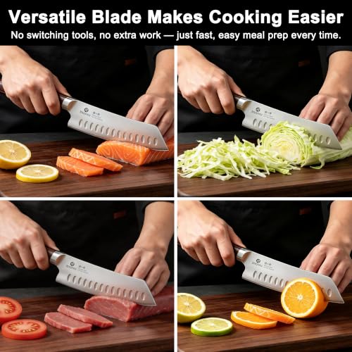 Image of imarku Santoku Chef Knife 7 Inch, Ultra Sharp High Carbon Stainless Steel Japanese Kitchen Knife with Hollow Edge | Ergonomic Pakkawood Handle, Gift Box for Meat /Vegetables /Tomatoes & Daily Cooking