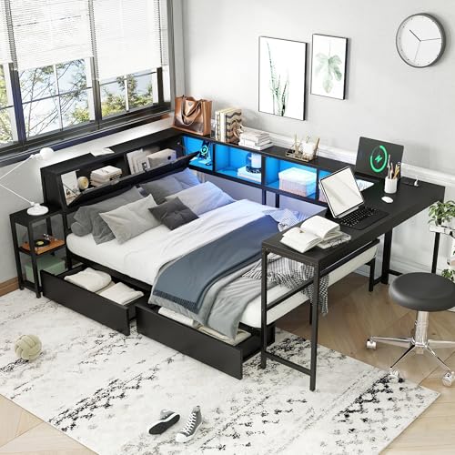 Bellemave Full Size Corner Bed Frame with Desk and Storage Drawers Full Metal Platform Corner Bed Frame with Charging Station and LED Lights Full Daybed for Kids Teens Guests Black