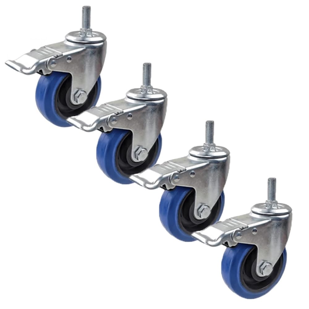 Set di 4 Ruote Stelo Filettato M10, Ruote in Gomma 3/4 Pollice, Ruote Silenziose Pivottanti con Freni per Mobiletti, Tavoli, Armadi(with Brake,3 inch)
