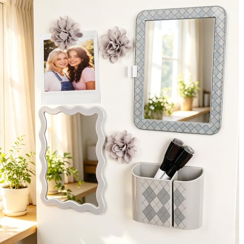 Image of 8 PCS Gray Locker Accessories Kit for Girls with Magnetic Mirror Whiteboard Pen Holder Flower Magnets Cute Aesthetic Locker Decoration Set for School Dorm Office Organization