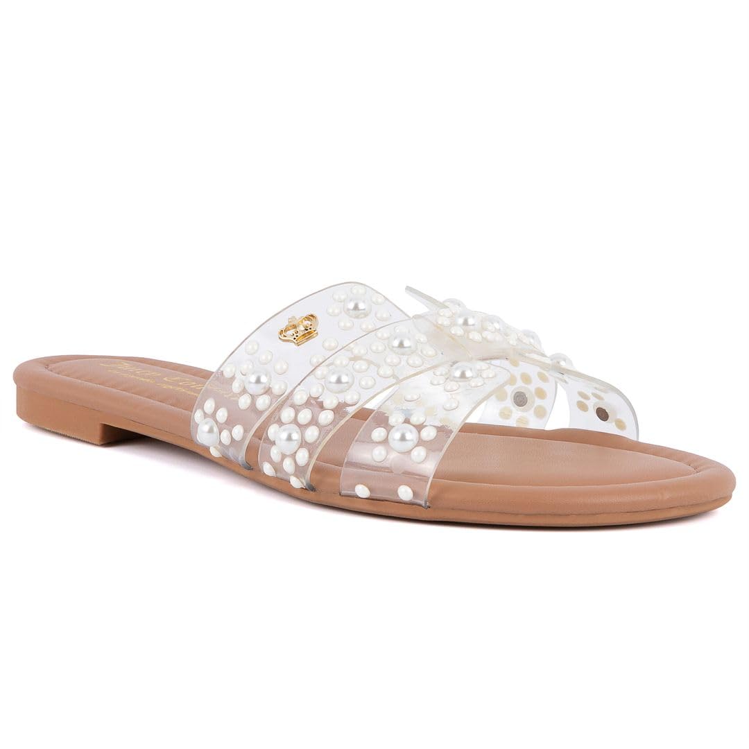 Juicy Couture Women's Slide Sandal – Flat, Dressy, Comfortable, Vegan Leather, Pearl Embellished Slides for Casual & Summer Wear