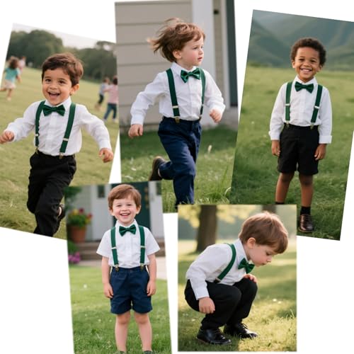 JZK Dunkelgrün fliege und hosenträger set kinder unter 135 cm, Y-Form 3 Clip Verstellbare Hosenträger mit Fliege für kleine Jungen und Mädchen Für Hochzeit Party und Kostüm