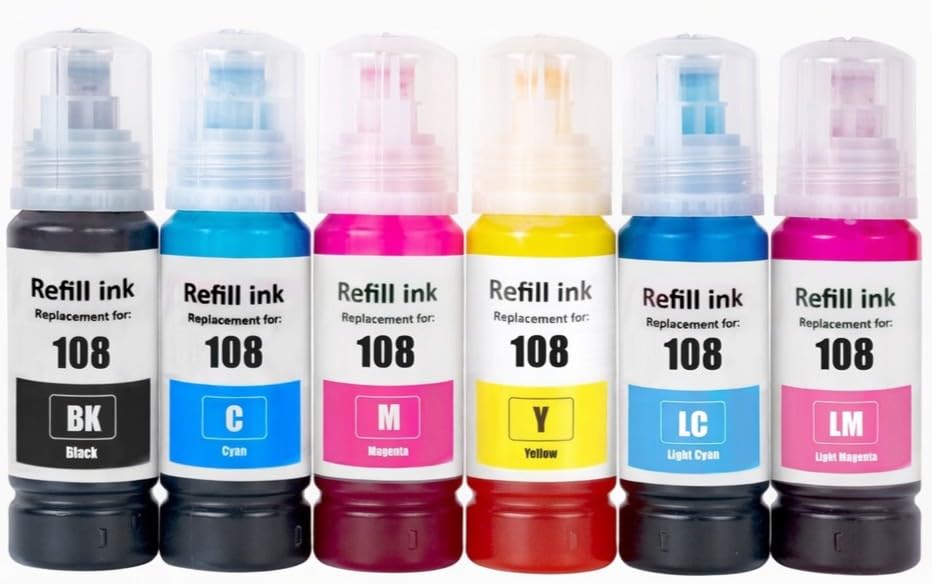 NexNova® Ink Set 108 Compatible with EcoTank Compatible with EPSON Combo Set 6-Pack Black Cyan Magenta Yellow Light Cyan Light Magenta 70ml/Bottle Dye Ink L8058 L18058