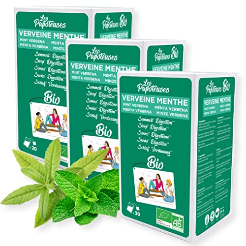 LES PAPOTEUSES | Infusion bio sommeil et digestion grâce à la verveine et la menthe poivrée | 60 infusettes | Coffret infusion de 3 boîtes de 20 sachets | Certifié biologique