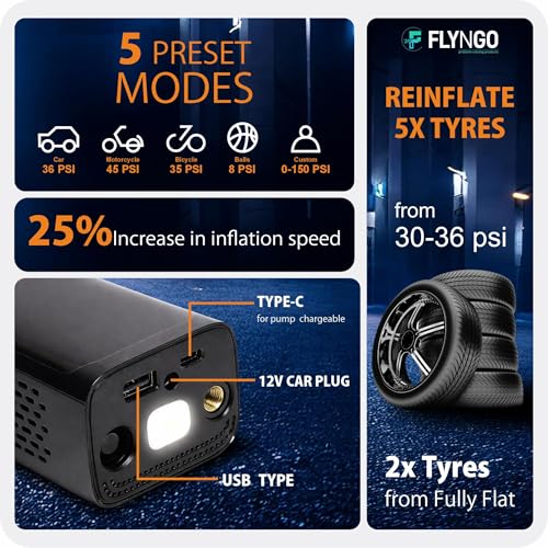 Image of FLYNGO 2-in-1 Tyre Inflator for Car and Bike, 150 PSI Wireless & Wired (4000mAh or 12V DC) Portable Air Compressor Pump with Type C Port, Digital Display, Power Bank, LED Flash Light (FL-CTIP-1)