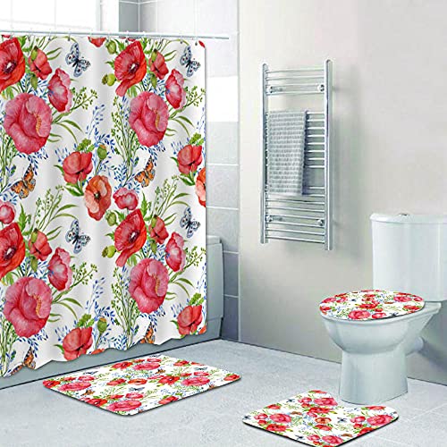 ZDDWLDL 4Pcs Duschvorhänge Set Mit Rutschfesten Teppichen,Toilettendeckel und Badematte Weiß-Grün-Rote Mohnblumen…