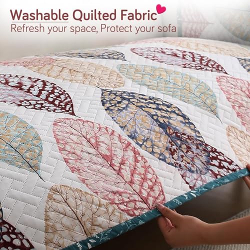 Image of HOKIPO 'Homehues Series' Printed Quilted 5 Seater Sofa Cover Set - Washable 3+2 Sofa Cover Mat | Multicolor Linden Leaf (IN-807 + IN-809 - D7)