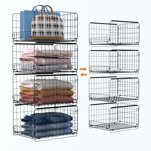 SYLLENHOD Stackable Closet Organizers and Storage: 4-Tier Shelves Black Folded Drawer Shelf...