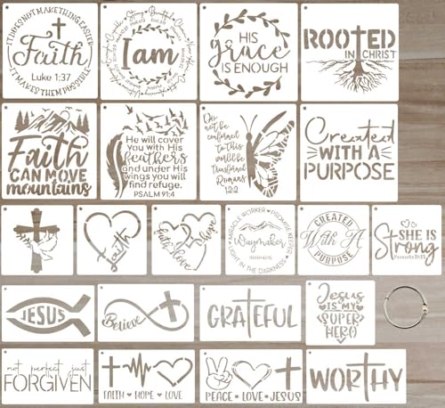 Gzfwthl 22pcs Christian Stencils for Painting Crafts Reusable Motivational Bible Verse Cross Stencil Drawing Religious Template for Wood Sign Fabric Canvas DIY Farmhouse Home Office Decor