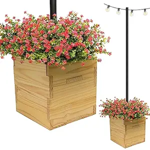 Extra Large Decorative Wooden Planter with Universal Pole Support for String Light Poles, Umbrellas, Bird Feeders. Solid Wood Outdoor Garden Patio Box for Plants or Flowers. (17