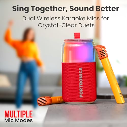 Image of Portronics 10W Talk Six Can-Shaped Portable Bluetooth Speaker with Dual Wireless Karaoke Mic, Upto 4 Hours Playtime, 360 Degree RGB LED Light, Bluetooth V5.3, USB-A in Port, Type C Charging(Red)