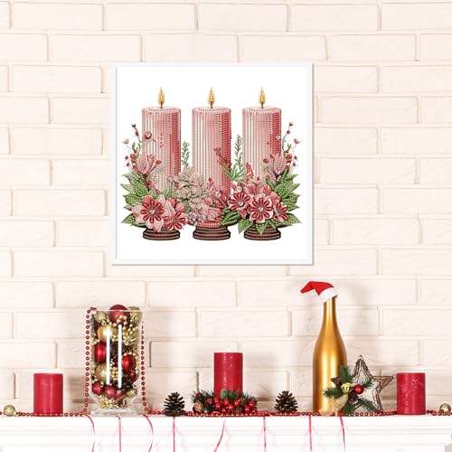 Image of 5D Special Shape Diamond Art Kit for Beginners, Christmas Diamond Art Painting Kits for Adults, Crystal Rhinestones Diamond Painting for Home Wall Christmas Decoration Gift 11.8x11.8 inch, Pink Candle