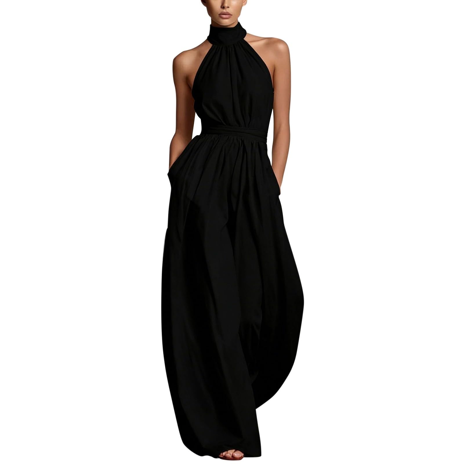 Tuta da donna festiva ed elegante, con schiena scoperta, con allacciatura al collo, senza maniche, spalle scoperte, tuta intera a gamba larga, tuta sciancrata, tinta unita, con tasca
