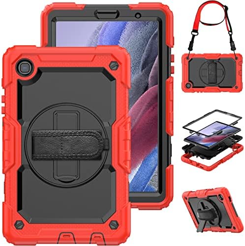 TIMECITY Samsung Galaxy Tab A7 Lite Case 8.7'' 2021 (SM-T220/T225/T227), Full-body Shockproof Protection Case with Screen Protector & 360° Rotating Stand Hand Strap Galaxy Tab A7 Lite Tablet Case- Red