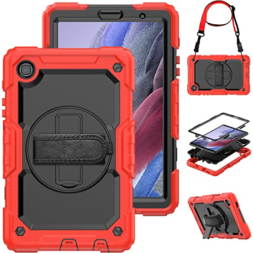 Timecity Samsung Galaxy Tab A7 Lite Case 8.7'' 2021 (Sm-T220/T225/T227), Full-Body Shockproof Protection Case With Screen Protector & 360° Rotating Stand Hand Strap Galaxy Tab A7 Lite Tablet Case- Red #TOP18