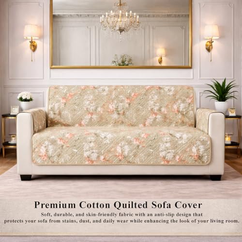 Image of STITCHNEST 'Double Vie Collection Series' Cotton Quilted Reversible Sofa Cover 3 Seater with Arm Rest and Pocket | Size 70x60 Inch