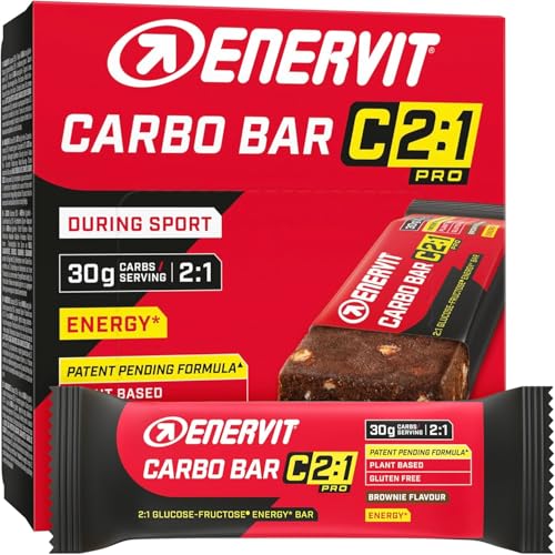 Enervit Carbo Bar C2:1PRO Brownie, Barritas Energéticas, 30g Carbohidratos, Sabor Chocolate, Para Actividades de Resistencia, +50% Carbohidratos Absorbidos, Sin Gluten, Vegano, 12 Barritas de 45g